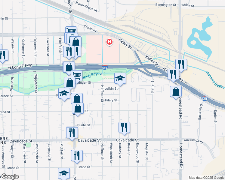 map of restaurants, bars, coffee shops, grocery stores, and more near 5802 Lufkin Street in Houston