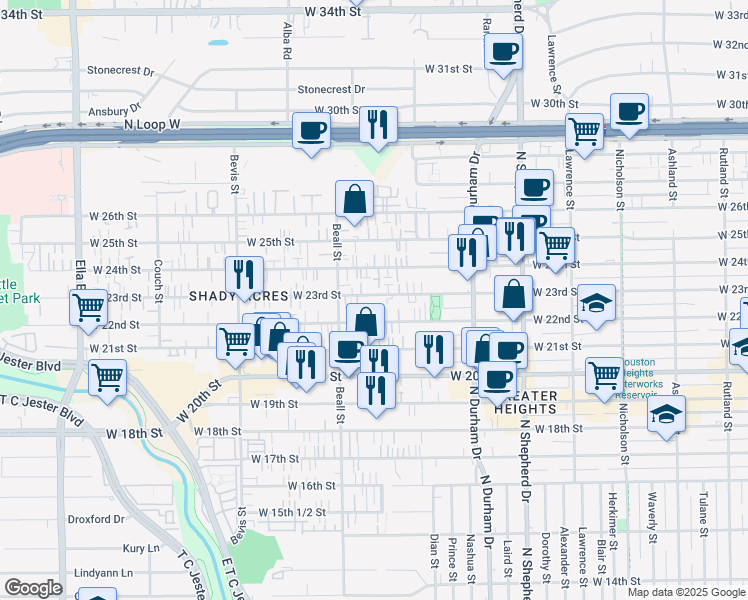 map of restaurants, bars, coffee shops, grocery stores, and more near 1010 West 23rd Street in Houston