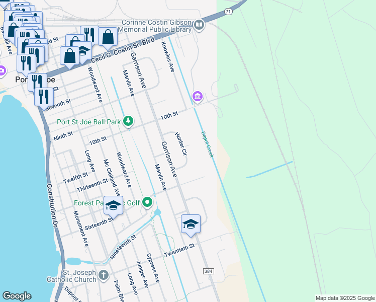 map of restaurants, bars, coffee shops, grocery stores, and more near 129 Hunter Circle in Port Saint Joe