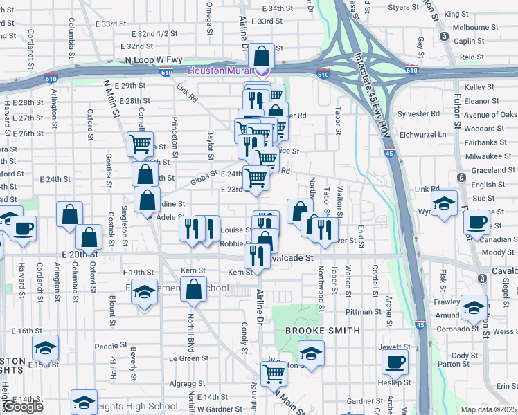map of restaurants, bars, coffee shops, grocery stores, and more near 2104 Airline Drive in Houston