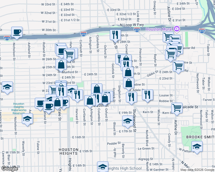 map of restaurants, bars, coffee shops, grocery stores, and more near 2211 Oxford Street in Houston