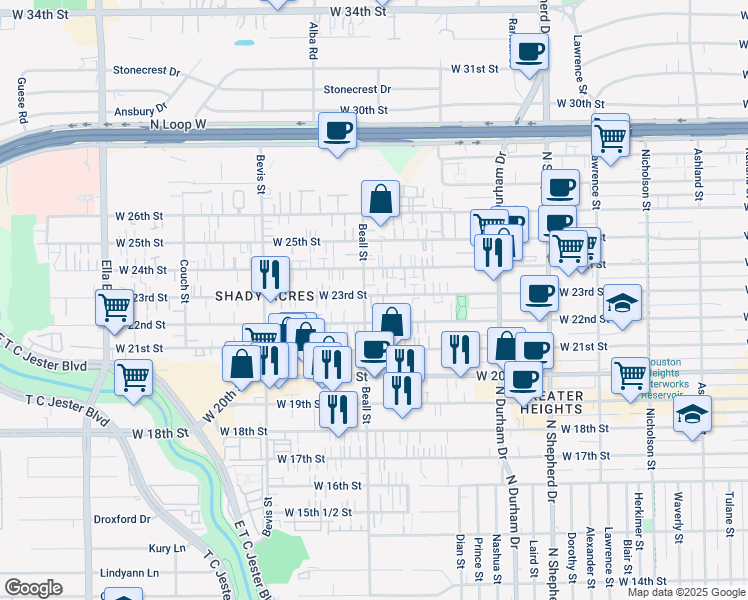 map of restaurants, bars, coffee shops, grocery stores, and more near 1046A West 23rd Street in Houston