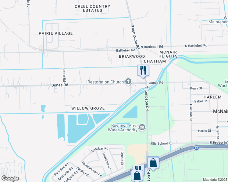 map of restaurants, bars, coffee shops, grocery stores, and more near 1501 Jones Road in Highlands