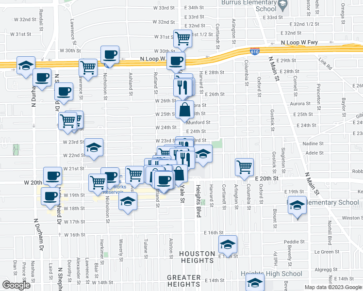 map of restaurants, bars, coffee shops, grocery stores, and more near 2227 Yale Street in Houston