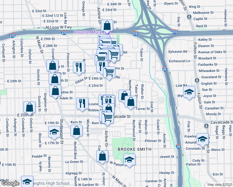 map of restaurants, bars, coffee shops, grocery stores, and more near 752-798 Nadine Street in Houston