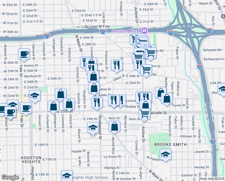 map of restaurants, bars, coffee shops, grocery stores, and more near 1103 Nadine Street in Houston