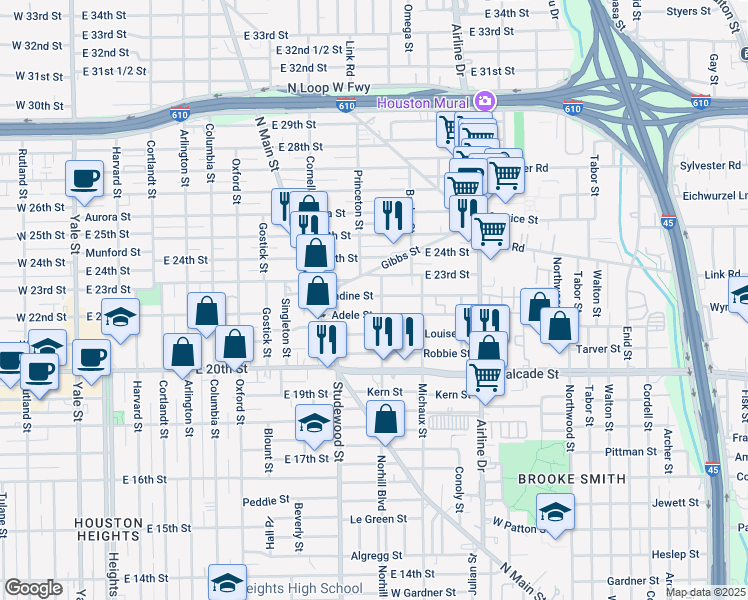 map of restaurants, bars, coffee shops, grocery stores, and more near 1103 Nadine Street in Houston