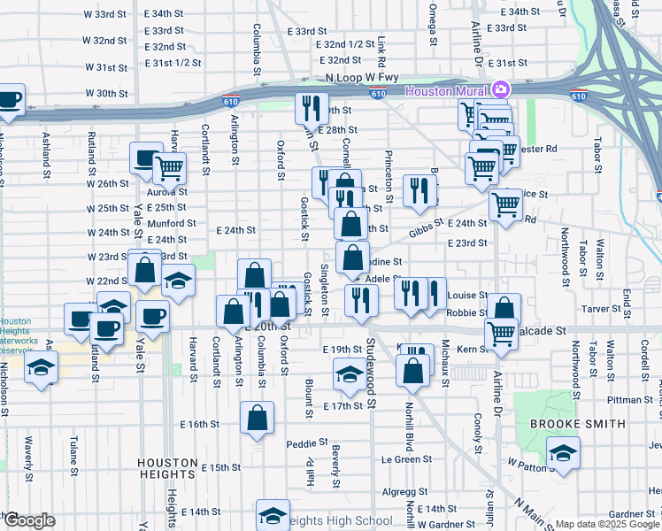 map of restaurants, bars, coffee shops, grocery stores, and more near 2124 Carter Street in Houston