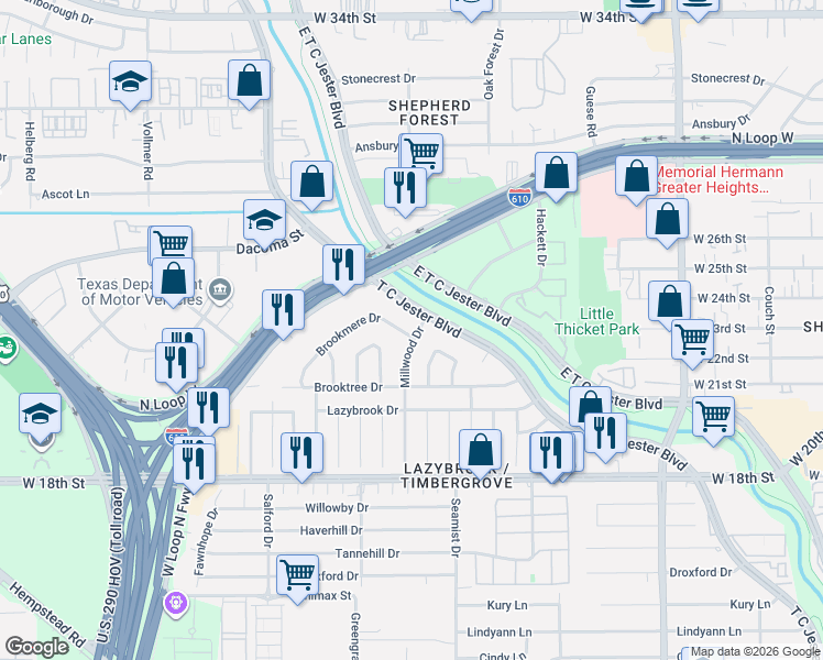map of restaurants, bars, coffee shops, grocery stores, and more near 2314 Brookmere Drive in Houston