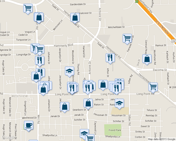 map of restaurants, bars, coffee shops, grocery stores, and more near 2003 Harland Drive in Houston