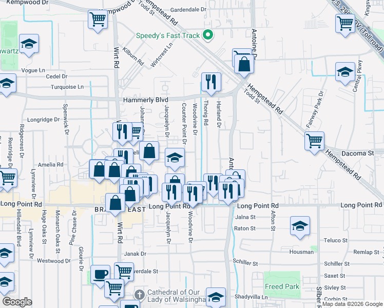 map of restaurants, bars, coffee shops, grocery stores, and more near 1944 Counter Point Drive in Houston