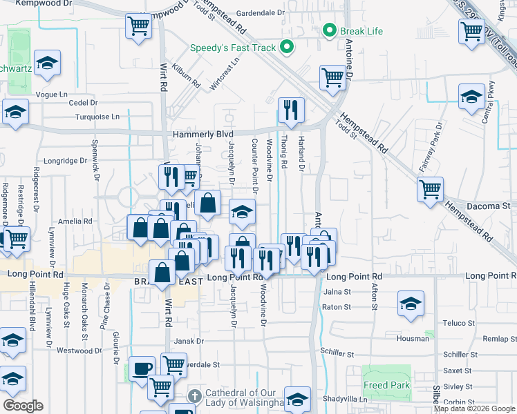 map of restaurants, bars, coffee shops, grocery stores, and more near 1944 Counter Point Drive in Houston