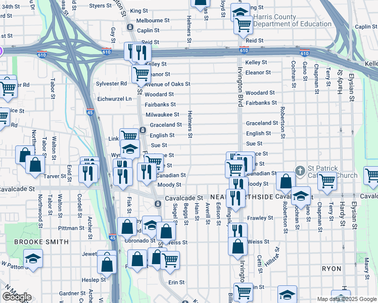 map of restaurants, bars, coffee shops, grocery stores, and more near 419 Joyce Street in Houston