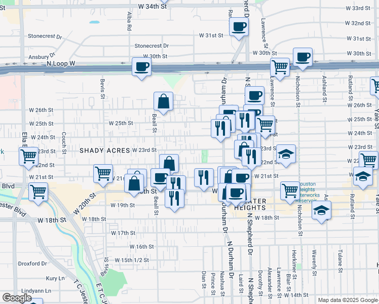map of restaurants, bars, coffee shops, grocery stores, and more near 910 West 23rd Street in Houston