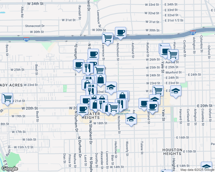 map of restaurants, bars, coffee shops, grocery stores, and more near 532 West 22nd Street in Houston