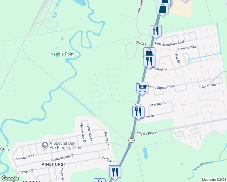 map of restaurants, bars, coffee shops, grocery stores, and more near 10023 Wood Leaf Court in Baytown