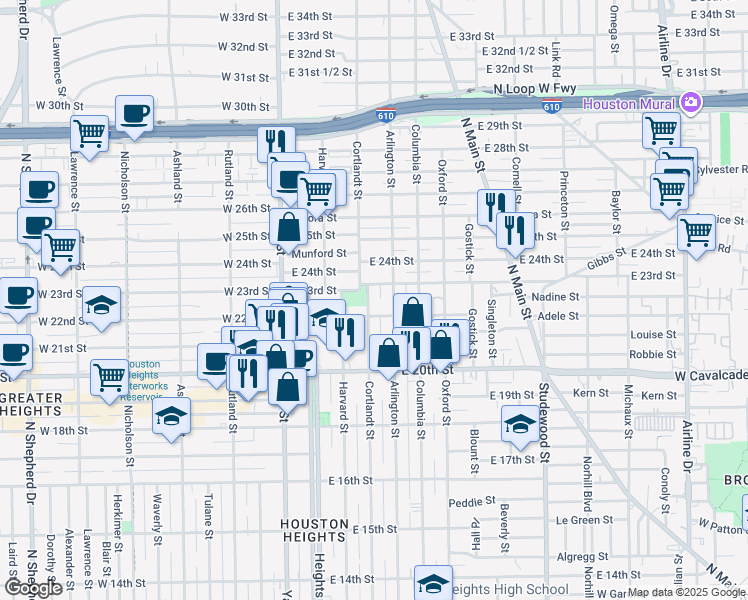 map of restaurants, bars, coffee shops, grocery stores, and more near 2216 Cortlandt Street in Houston