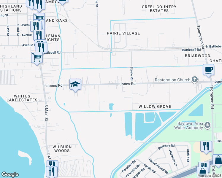 map of restaurants, bars, coffee shops, grocery stores, and more near 807 Jones Road in Highlands
