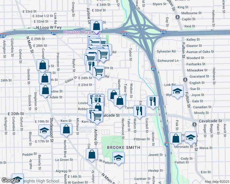 map of restaurants, bars, coffee shops, grocery stores, and more near 1805 Northwood Street in Houston