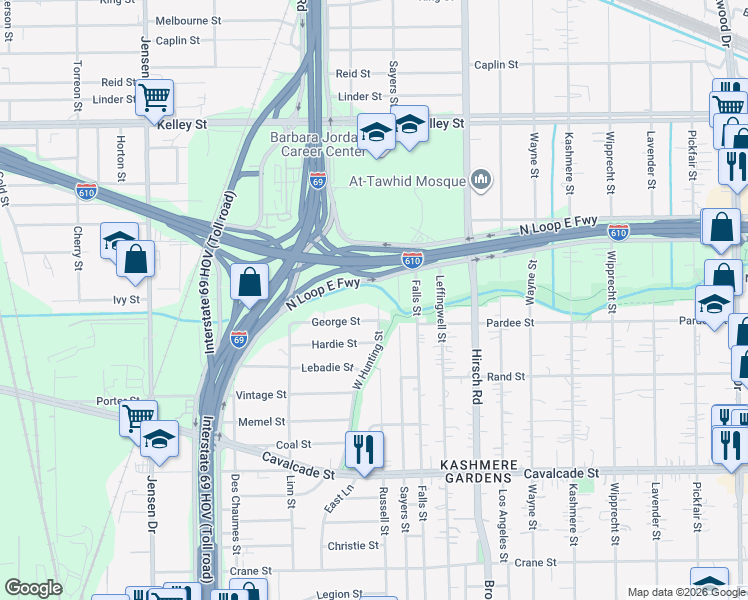 map of restaurants, bars, coffee shops, grocery stores, and more near 3526 George Street in Houston