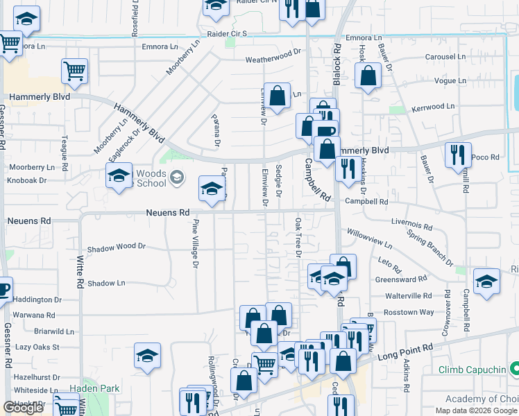 map of restaurants, bars, coffee shops, grocery stores, and more near 1901 Elmview Drive in Houston