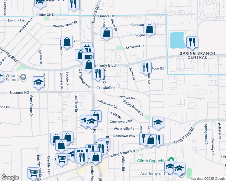 map of restaurants, bars, coffee shops, grocery stores, and more near 9419 Campbell Road in Houston