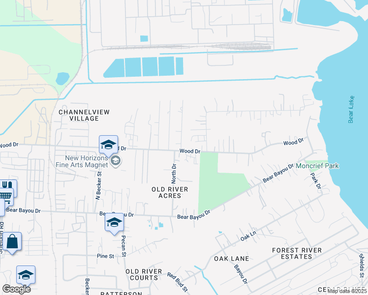 map of restaurants, bars, coffee shops, grocery stores, and more near 16429a Wood Drive in Channelview