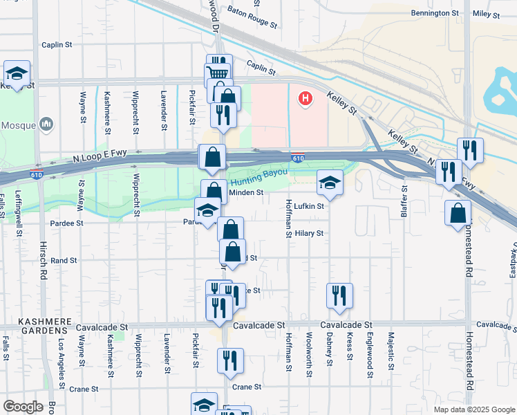 map of restaurants, bars, coffee shops, grocery stores, and more near 5465 Pardee Street in Houston