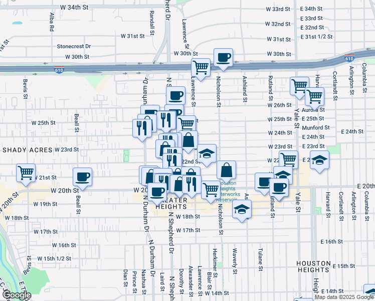 map of restaurants, bars, coffee shops, grocery stores, and more near 616 West 23rd Street in Houston