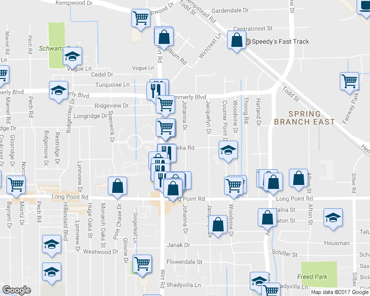 map of restaurants, bars, coffee shops, grocery stores, and more near 1928 Johanna Drive in Houston