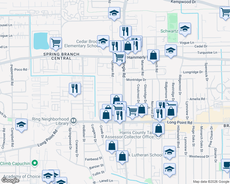 map of restaurants, bars, coffee shops, grocery stores, and more near 1914 Ojeman Road in Houston