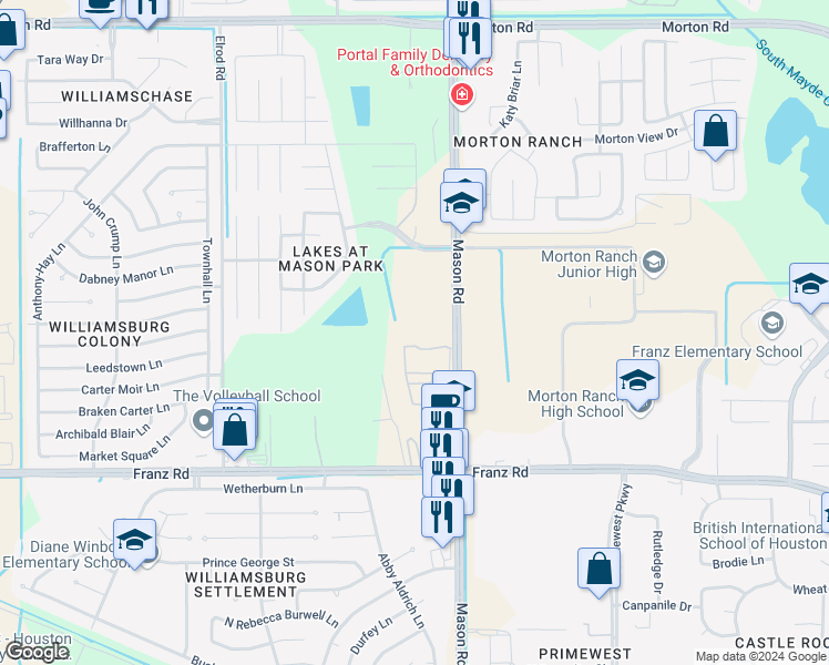 map of restaurants, bars, coffee shops, grocery stores, and more near 21900 Franz Road in Katy
