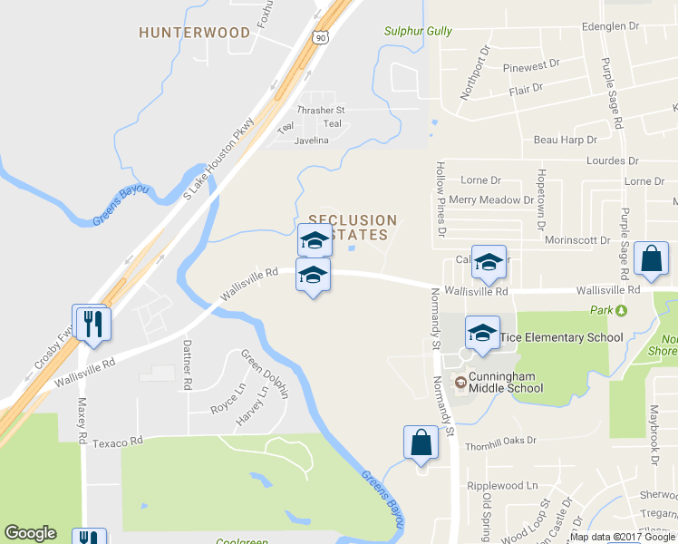 map of restaurants, bars, coffee shops, grocery stores, and more near 13311 Wallisville Road in Houston