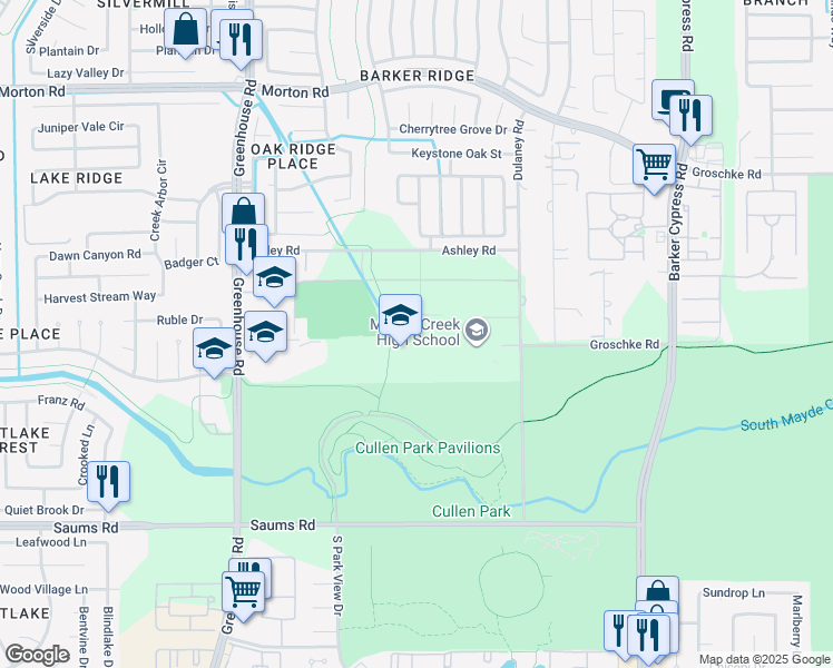 map of restaurants, bars, coffee shops, grocery stores, and more near 19202 Groschke Road in Houston