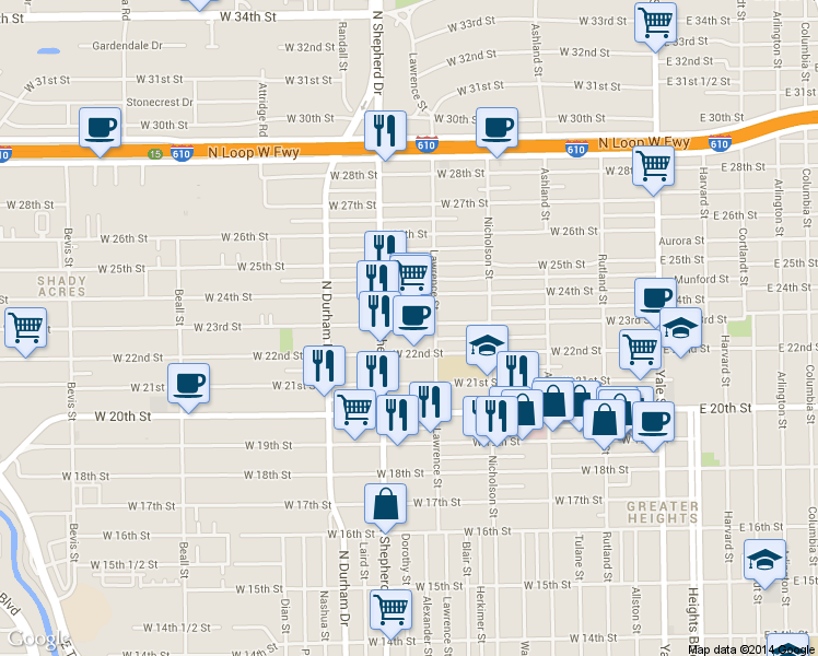 map of restaurants, bars, coffee shops, grocery stores, and more near 616 W 23rd St in Houston