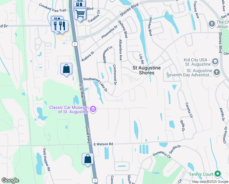 map of restaurants, bars, coffee shops, grocery stores, and more near 840 Crestwood Drive in St. Augustine