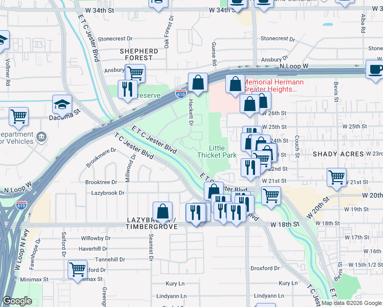map of restaurants, bars, coffee shops, grocery stores, and more near 2424 East T C Jester Boulevard in Houston
