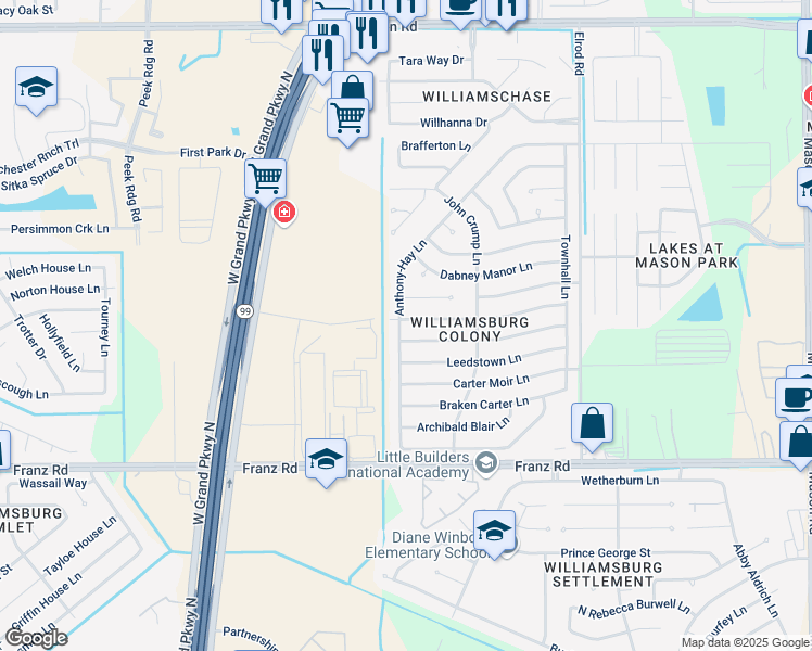 map of restaurants, bars, coffee shops, grocery stores, and more near 22818 John Rolfe Lane in Katy