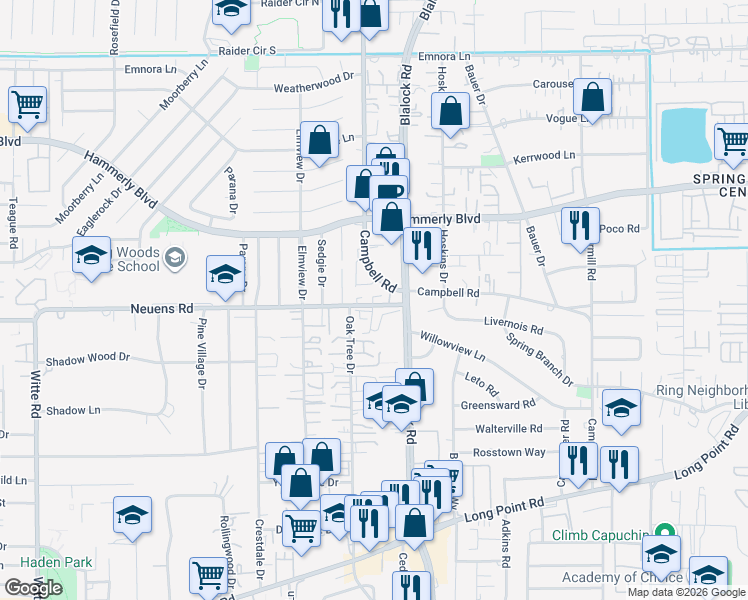 map of restaurants, bars, coffee shops, grocery stores, and more near 9438 Neuens Road in Houston