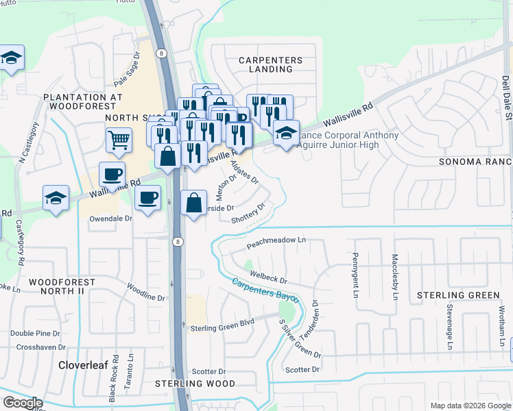 map of restaurants, bars, coffee shops, grocery stores, and more near 14863 Shottery Drive in Houston
