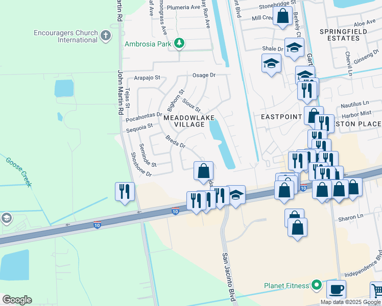map of restaurants, bars, coffee shops, grocery stores, and more near 7503 Breda Drive in Baytown