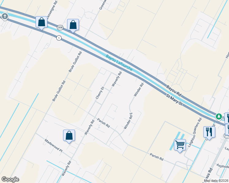 map of restaurants, bars, coffee shops, grocery stores, and more near 177 Waverly Road in Thibodaux