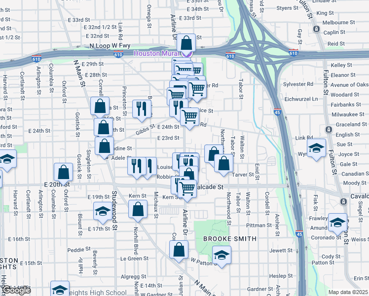 map of restaurants, bars, coffee shops, grocery stores, and more near 752 Nadine Street in Houston