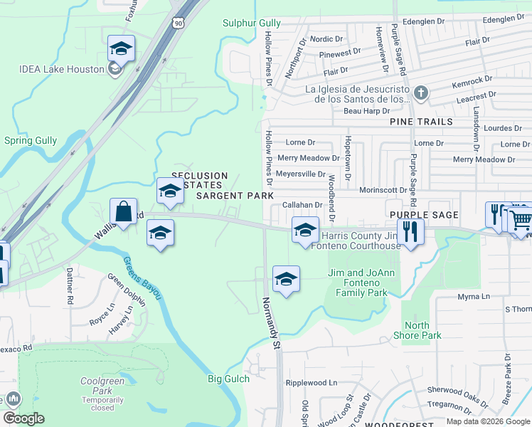 map of restaurants, bars, coffee shops, grocery stores, and more near 5607 Hollow Pines Drive in Houston