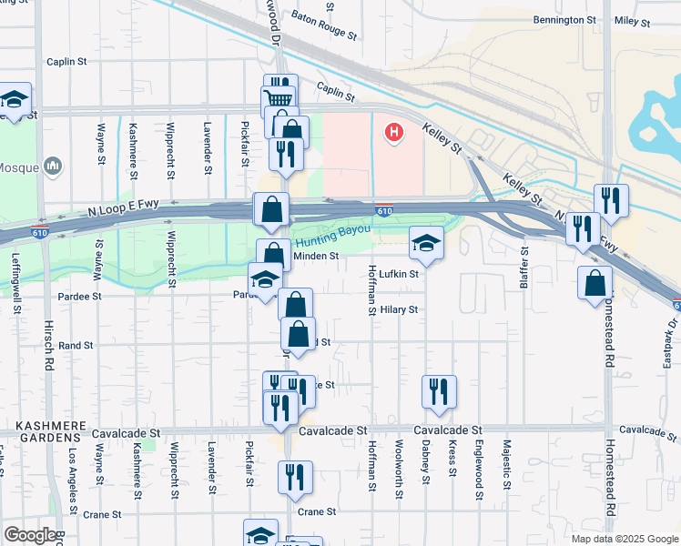 map of restaurants, bars, coffee shops, grocery stores, and more near 5465 Pardee Street in Houston