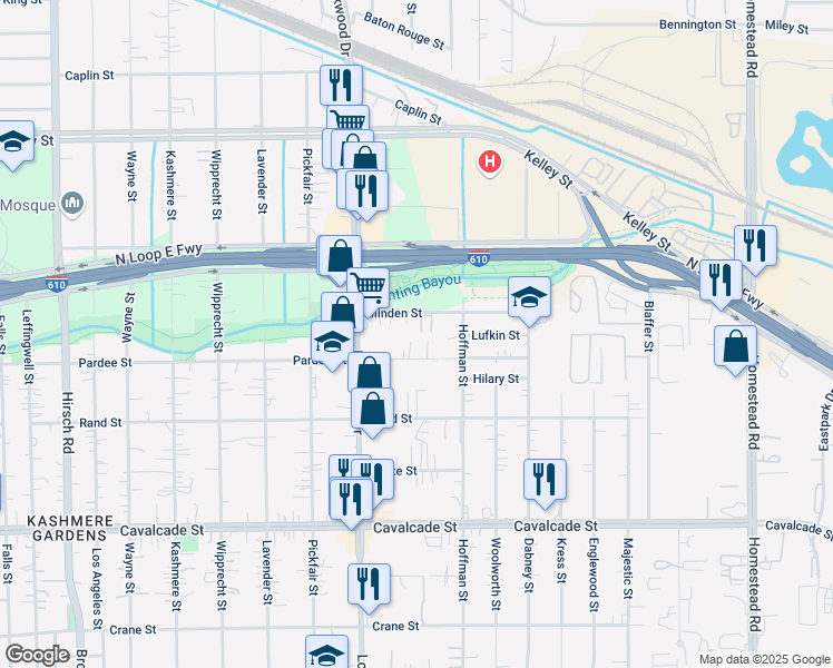 map of restaurants, bars, coffee shops, grocery stores, and more near 5465 Pardee Street in Houston