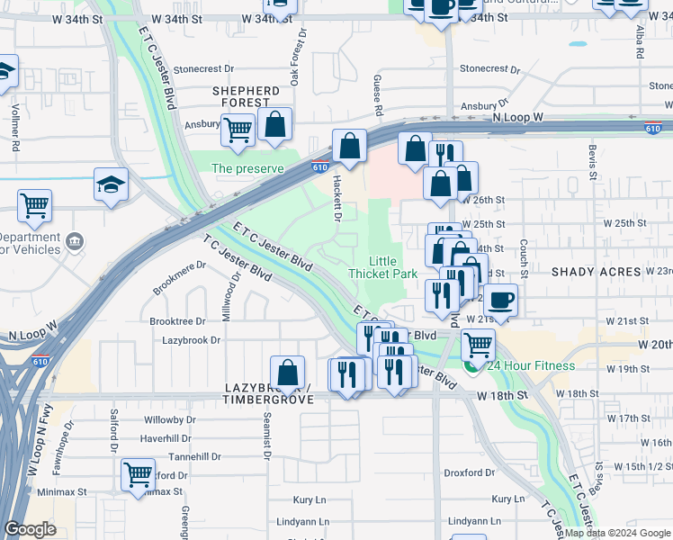 map of restaurants, bars, coffee shops, grocery stores, and more near 2424 East T C Jester Boulevard in Houston