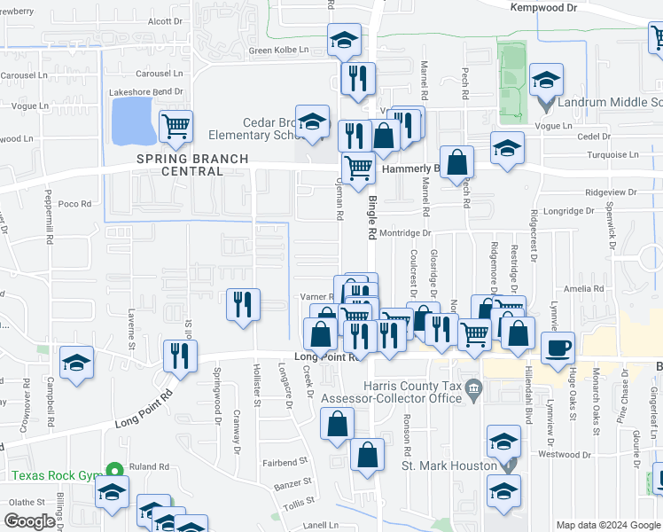 map of restaurants, bars, coffee shops, grocery stores, and more near 8714 Shelmer Drive in Houston