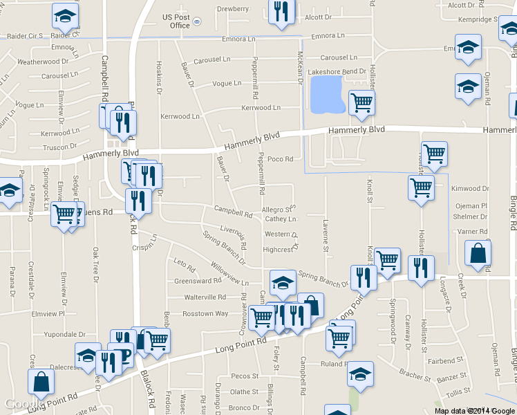 map of restaurants, bars, coffee shops, grocery stores, and more near 9204 Campbell Road in Houston