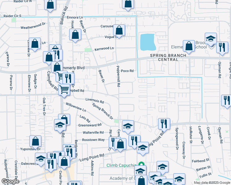 map of restaurants, bars, coffee shops, grocery stores, and more near 9204 Campbell Road in Houston